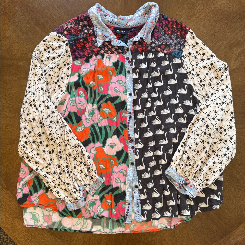 Maeve Anthropologie The Paz Patchwork Button Down Shirt 3X Swan Stars Floral
